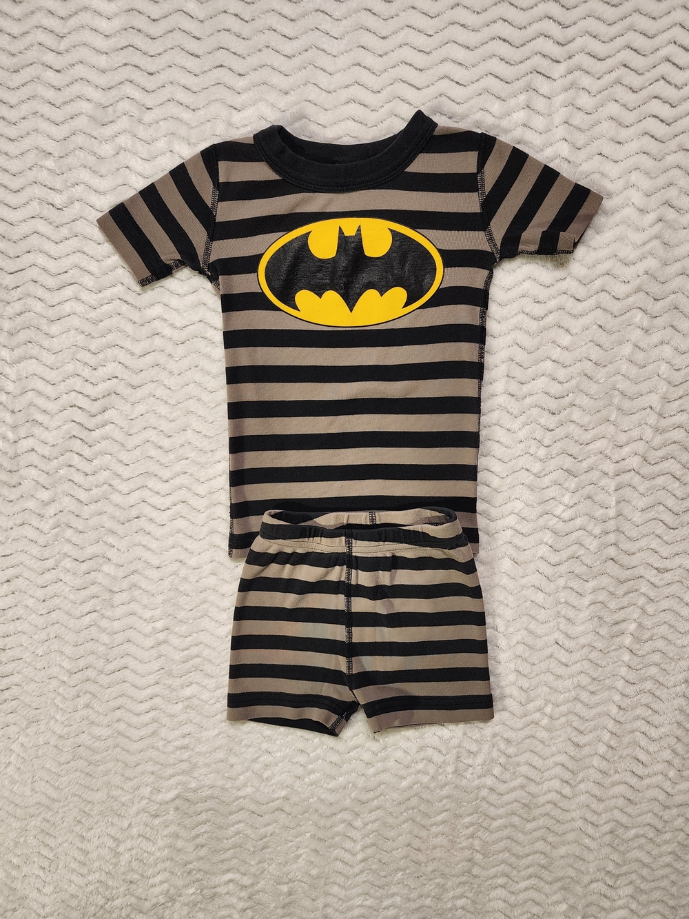 Batman Black and Tan Striped Short Pajama Set with Yellow Logo